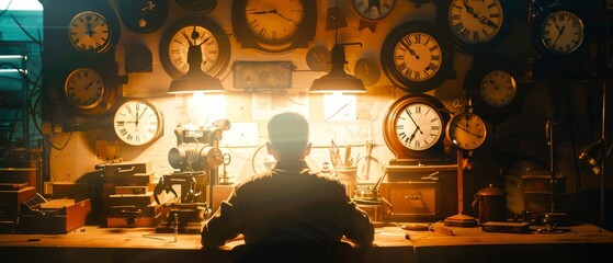A clockmaker at work surrounded by vintage clocks in a dimly lit workshop, showcasing craftsmanship and timekeeping history.