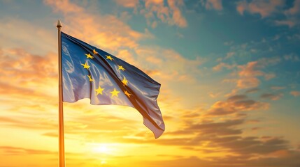 Flag of European Union waving in the breeze against a sunset sky. Banner with EU flag. hyper realistic 