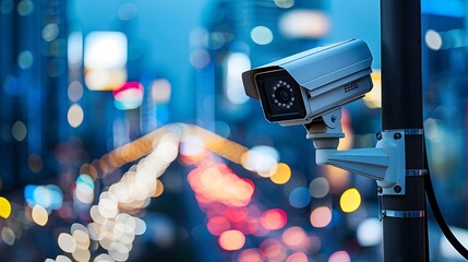 Urban street at night captured by surveillance camera, highlighting city safety measures