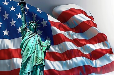 3D render illustration wave american flag and liberty statue. Independence day celebrate of america, fourth july, banner, illustration, isolated.