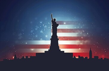 flat illustration silhouette statue of liberty with wipe flag america. Independence day of america, fourth july, banner, illustration.