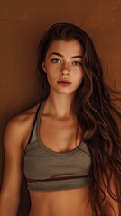 Fototapeta premium Gym girl isolated on a chestnut brown background