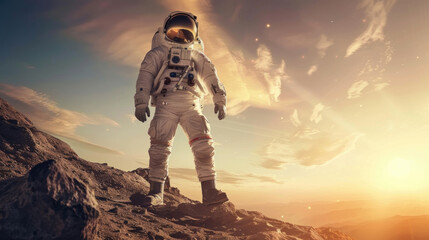 An astronaut in a white spacesuit stands on a rocky surface, gazing into the stunning sunset sky on a distant planet