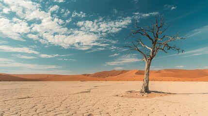 Picture of landscape of tree growing on dry sandy ground in arid terrain against cloudy sky in sunlight