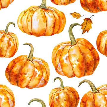 Watercolor pumpkins seamless pattern in hand drawn style isolated on white background.