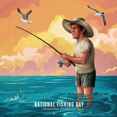 National Go Fishing Day, Fishing Day, National Go Fishing Day poster, illustration, happy National Go Fishing Day, holiday, happy family fishing day. Fishing boat, june 18, banner, poster, post,      
