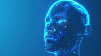 Frontal Polygonal Wireframe Head Features with Glowing Dots and Lines: Clean Dark Background