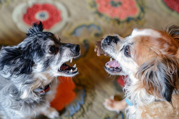 Two dogs are fighting over a toy.