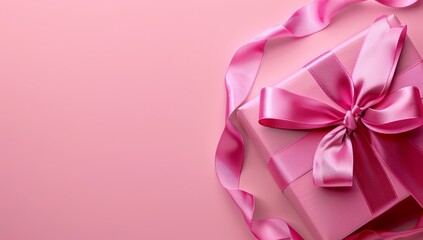 Pink gift box with ribbon bow on light pink background,