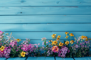 Beautiful small blank background with light blue boards and various colorful spring flowers in pots at the bottom with space for text or inscriptions
