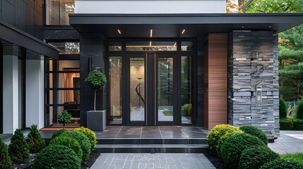 Modern house with black aluminum door frames, wooden panels and glass windows on the front of which there is an entrance to one large double doors with chrome details.