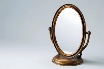 Obraz premium Elegant Oval Brass and Wood Vanity Mirror on White Background