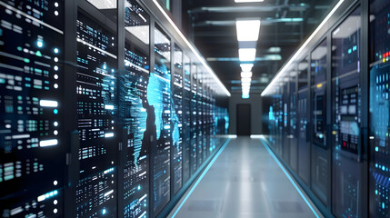 Abstract technology background of server room with rows of rack-mounted servers. 3D rendering.