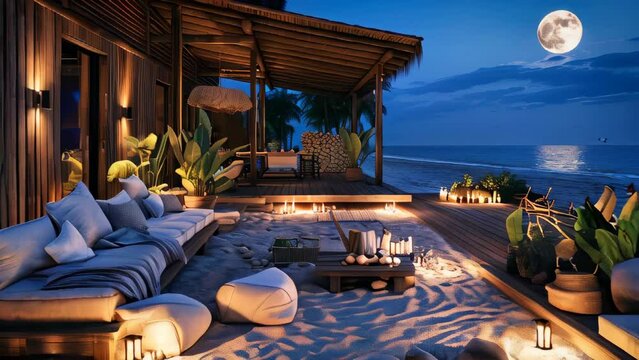 A beach house with candles and lanterns under moonlight, romantic atmosphere