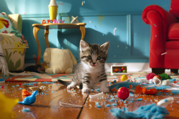 A mischievous kitten plays with things scattered around the room.