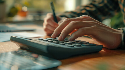 A person seated at a desk, focused on typing numbers on a calculator