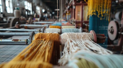 Modern textile factory with automated machinery and conveyor belts, Eco-conscious clothing manufacturing with organic fabrics