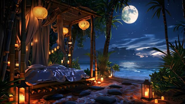 A beach house with candles and lanterns under moonlight, romantic atmosphere