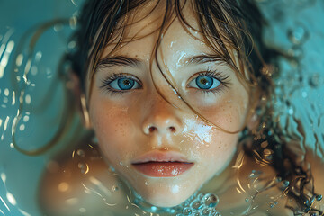A little girl with a cute face, wearing glasses and a hairpin, playfully splashes in the pool while holding onto a bright inflatable ring,   as the water sparkles in the sunlight
