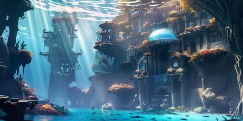 underwater palace constructed entirely from colorful coral formations