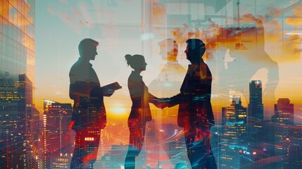 Double exposure: people shaking hands in a modern city office. The image is a collage of silhouettes of people and buildings, with the people in the foreground and the buildings in the background