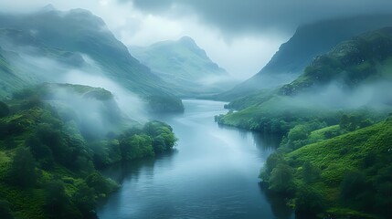 **Imagin Soft Scene Hues of a tranquil river winding through a lush green valley, with mist rising from the water
