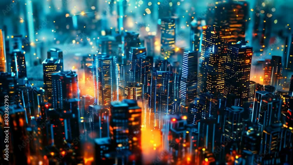 Wall mural a high angle view of a blurry cityscape at night with bokeh lights - Wall murals