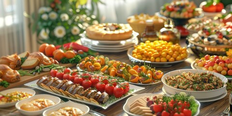 Various types of food are arranged on a table,