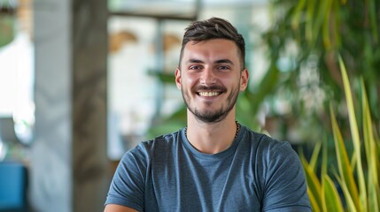 Fototapeta premium Portrait of a handsome man wearing t-shirt with accessories, smiling against blurred background