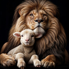 Lion and lamb best friends animals isolated on black, digital illustration created with generative ai.