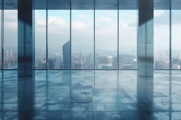modern building and empty floor with skyline. Panoramic urban architecture cityscape with space 