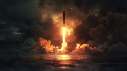A rocket is launching into the sky, with a stormy, dark background - Powered by Adobe