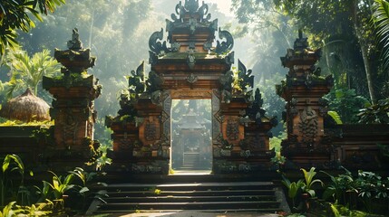 Intricate Balinese Temple Gate Amidst Lush Tropical Surroundings - A Serene Spiritual Haven