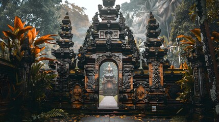 Fototapeta premium Intricate Balinese Temple Gate: A Spiritual Portal to Tropical Serenity