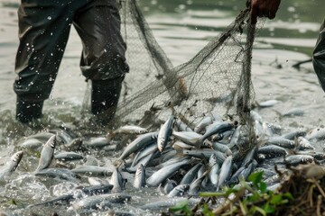 Obraz premium Successful Fish Catch on Riverbank