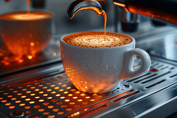 A close-up of a coffee machine brewing coffee into a white cup, set in an office environment, with a blurred background highlighting the workspace atmosphere and modern convenience
