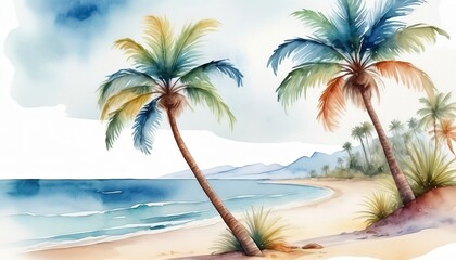 holiday summer travel vacation illustration watercolor painting of palms palm tree on beach with ocean sea generative ai
