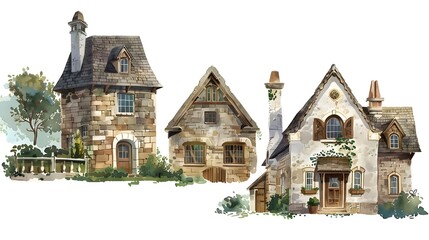 Enchanting Watercolor of Quaint Stone Cottages Nestled in a Picturesque Pastoral Countryside Landscape