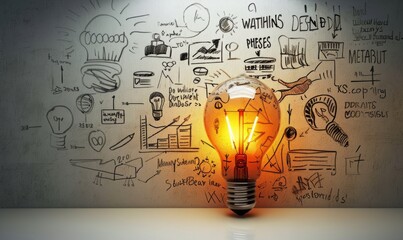 light bulb on background with doodles of business ideas and drawings