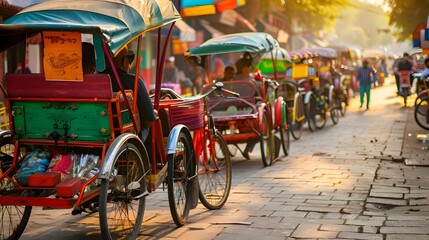Obraz premium Bicycle Rickshaws Lined Up: A Vibrant Urban Tableau of Communication and Culture