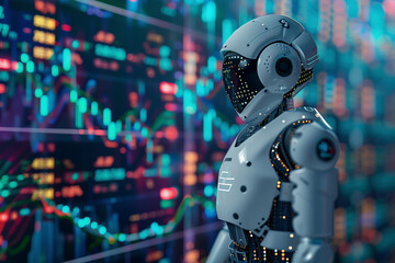 Fototapeta premium A trading robot analyzing the trading charts, symbolizing the graph growth up and artificial intelligence for stock market analysis