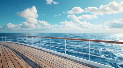 On the deck of an ocean liner, overlooking the vast sea and blue sky, there is a large white metal guardrail with a wood grain texture.