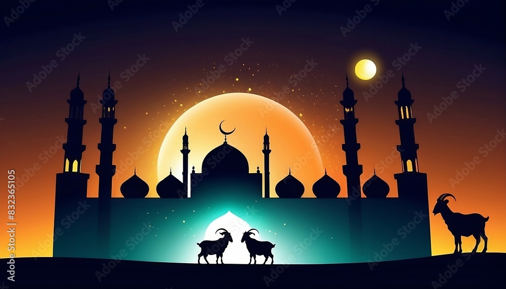 Wall mural illustration vector graphic of mosque and goat for eid al adha mubarak background, banner, card, pos