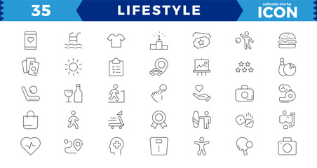 Pixel Perfect Lifestyle web icon set in line style. Healthcare, healthy lifestyle, health, diet, healthy food, exercise, sleep, collection. Vector illustration.Editable stroke.