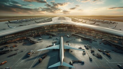 Fototapeta premium An expansive view of a future airport running entirely on renewable energy, with electric planes and autonomous ground vehicles.