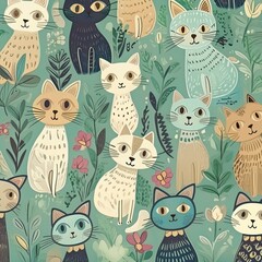 いろいろな猫たちが並んで集まったイラスト
