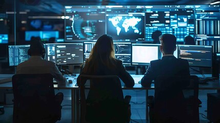 Experts monitoring global cyber threats in a high tech security operations center with advanced...