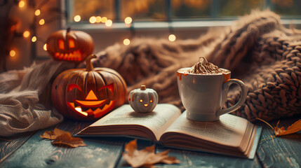 Halloween Reading Nook with Pumpkin Decor and Hot Chocolate