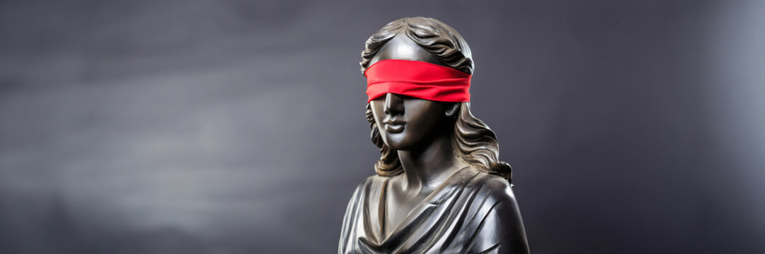 Statue of Themis, the Greek goddess of justice, wearing a red blindfold. Symbol of impartiality and equality before the law. Illustrating legal concepts and principles of justice.