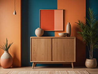 Minimal Composition with Wooden Cabinet and Vivid Wall